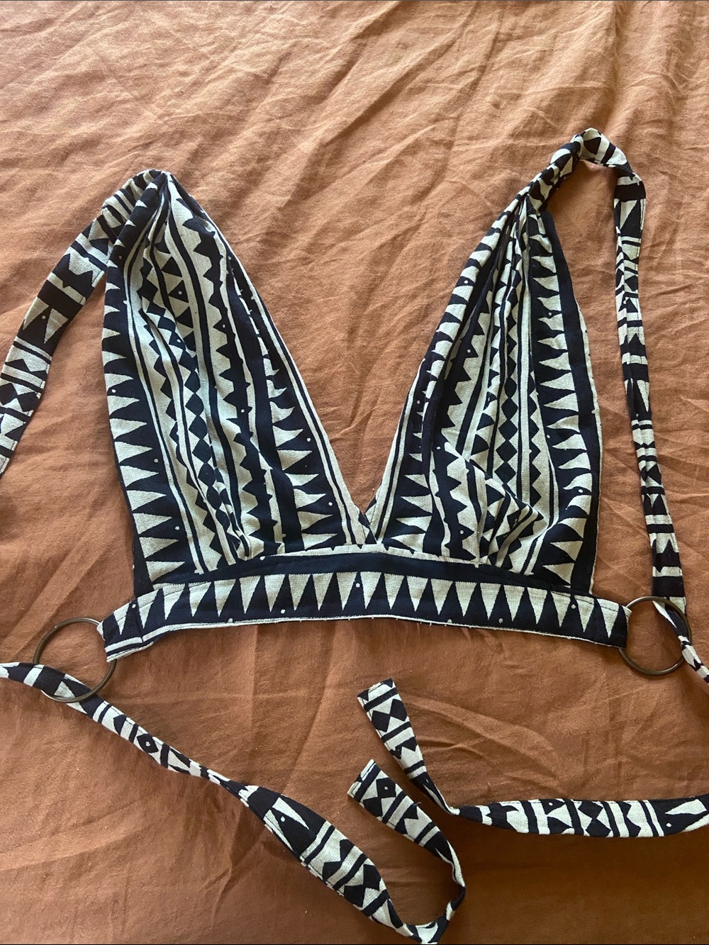 Black & Ivory linen Tribal Triangle halter top by culture with metal loops